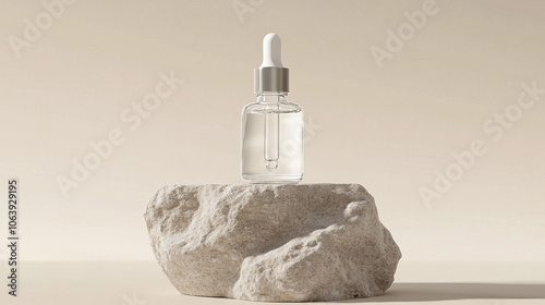 A glass dropper bottle filled with white liquid essence, serum, or cream, placed on a natural stone stand against a beige pastel background.