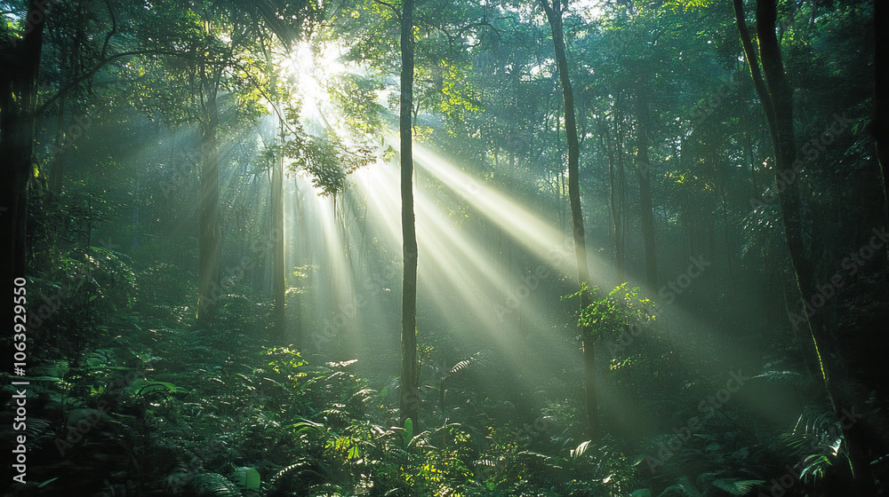 Fototapeta premium Sunlight streaming through trees in a dense green forest 
