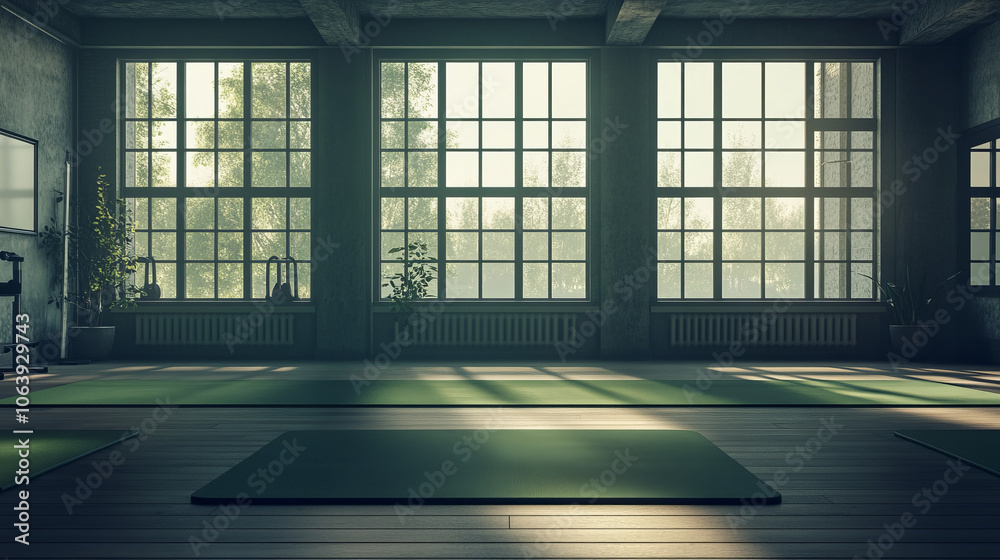 A bright gym interior showcasing a green yoga mat placed on the floor, with large windows allowing natural light to flood the space. A bright gym interior showcasing a green yoga mat placed on the floor, with large windows allowing natural light to flood the space.