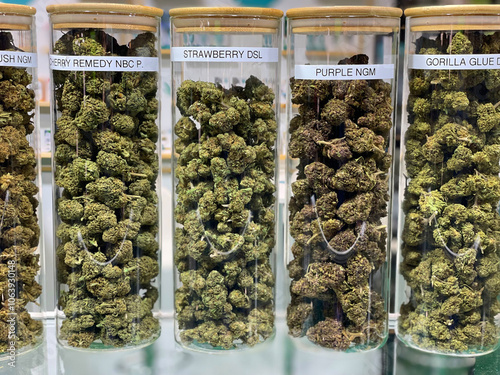Large glass jars of different marijuana strains