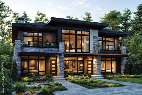 Modern two-story house with large windows and stone accents, surrounded by greenery.