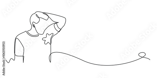 continuous line of man with wet armpit.one line drawing of man with bad body odor.single line of man's body odor problem.isolated white background