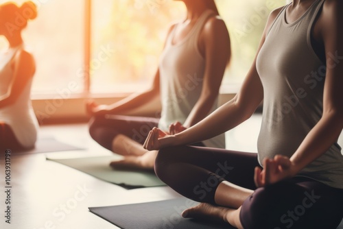 A serene group engages in a yoga class, their postures embodying tranquility and focus in a softly sunlit studio, promoting harmony and wellness.