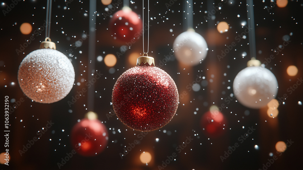 A bunch of Christmas ornaments hanging from the ceiling, including a red A bunch of Christmas ornaments hanging from the ceiling, including a red