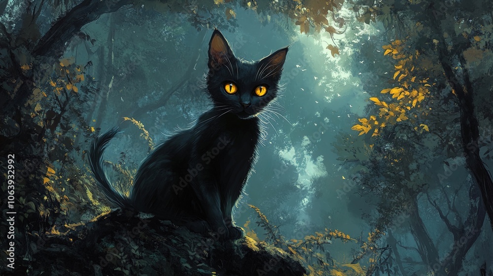 A black cat sits majestically on a moss-covered rock, surrounded by a dense forest. The cat's striking yellow eyes glow against the muted greens and browns of the woodland backdrop, creating an ethere