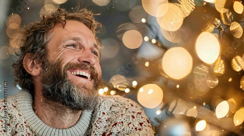  Smiling man in a cozy sweater with Christmas lights in the background. Festive and joyful holiday atmosphere concept.