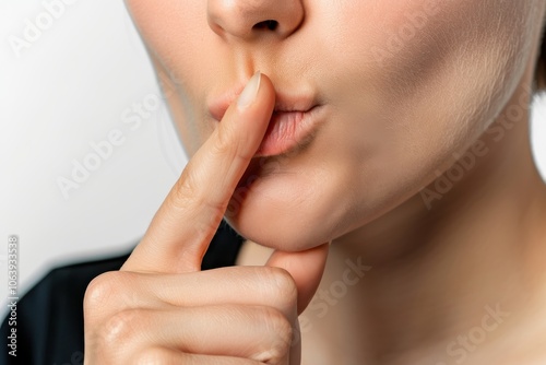 Woman holding finger to her lips.