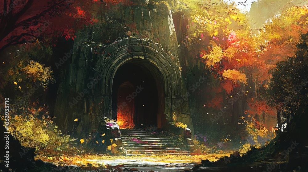A mystical, serene scene featuring an ancient stone archway set within a lush, autumn-colored forest. Vibrant foliage in hues of orange, yellow, and red surrounds the entrance, which is partially obsc A mystical, serene scene featuring an ancient stone archway set within a lush, autumn-colored forest. Vibrant foliage in hues of orange, yellow, and red surrounds the entrance, which is partially obsc