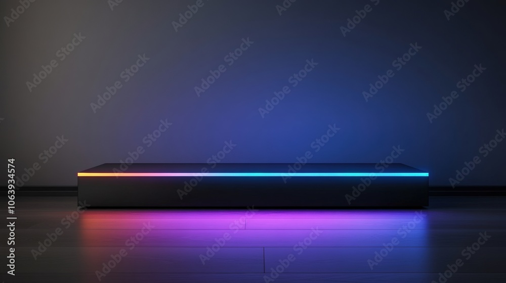 A sleek, modern shelf with colorful LED lighting against a dark wall, ideal for showcasing products, home decor, or as a background for tech-related projects and advertisements, A sleek, modern shelf with colorful LED lighting against a dark wall, ideal for showcasing products, home decor, or as a background for tech-related projects and advertisements,