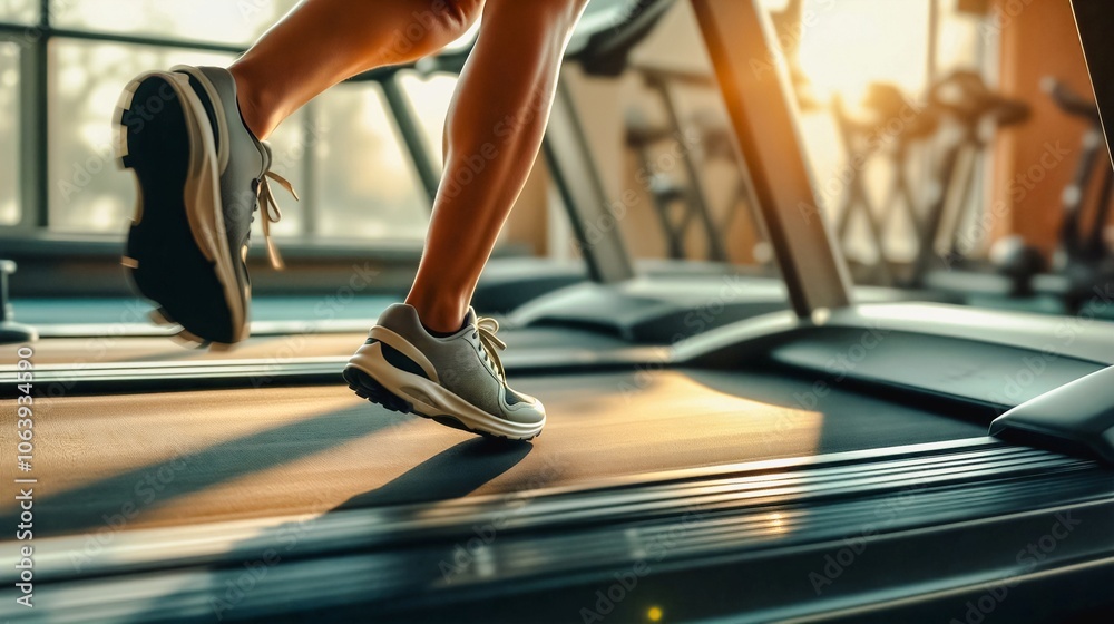 Focused Runner on Treadmill, Close-up shot of a person's legs and feet running on a treadmill in a gym. Blurred background emphasizes movement and focus on exercise. Ideal for fitness, workout. Focused Runner on Treadmill, Close-up shot of a person's legs and feet running on a treadmill in a gym. Blurred background emphasizes movement and focus on exercise. Ideal for fitness, workout.