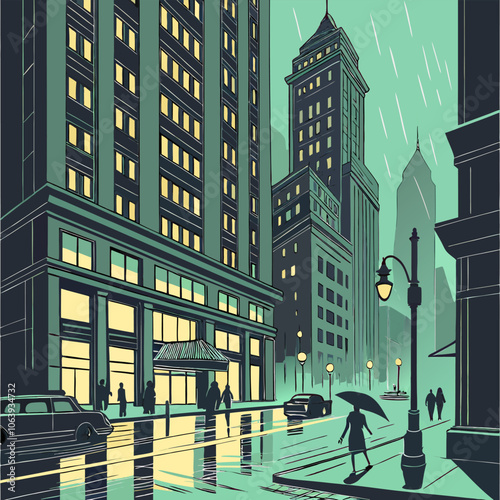 A retro-style illustration of a rainy cityscape. The buildings, sidewalks, and streetlights are all rendered in a simple, yet elegant style. The image evokes a sense of nostalgia and urban charm.