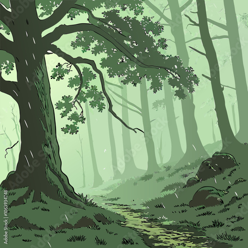 A misty forest path winds through a lush green canopy, inviting you to explore the secrets hidden within. Sunlight filters through the leaves, creating a magical and enchanting atmosphere.