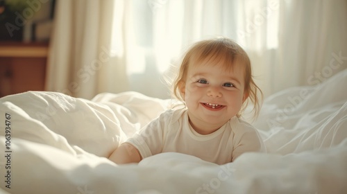 Smiling baby girl lying on his stomach on a white bed in the light bedroom.