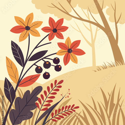 A vibrant illustration capturing the beauty of autumn, with blooming flowers in shades of orange, red, and yellow, set against a backdrop of a tranquil forest.