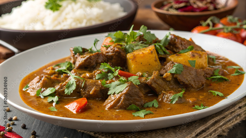 Delicious plate of curry goat served with rich sauce and vibrant herbs on a rustic table during a cozy meal. Generative AI Delicious plate of curry goat served with rich sauce and vibrant herbs on a rustic table during a cozy meal. Generative AI