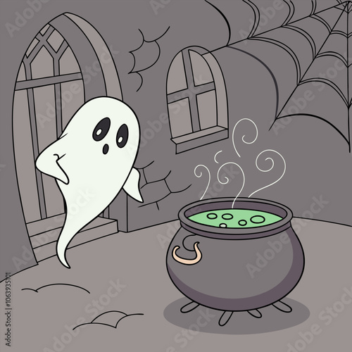 A spooky Halloween illustration featuring a friendly ghost peeking around a corner at a bubbling cauldron filled with green potion. Perfect for adding a touch of whimsy to your spooky designs.