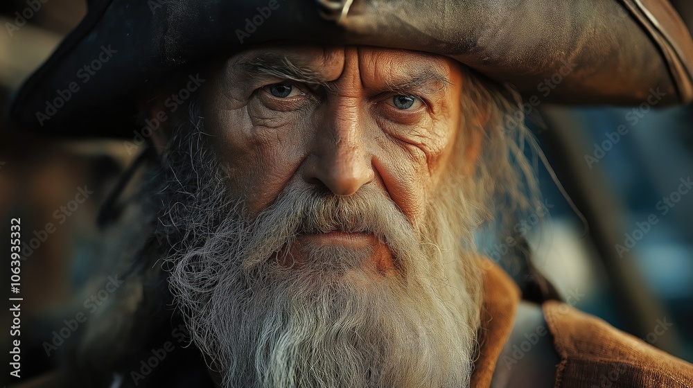Close-up of the old man pirate captain face. Portrait of an old pirate captain in a hat. Close-up of the old man pirate captain face. Portrait of an old pirate captain in a hat.