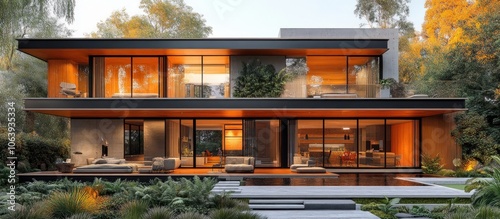 A modern two-story house with large glass windows, surrounded by greenery and a serene pool.