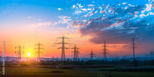 Sunset Over Power Lines in Rural Landscape, Electricity Transmission at Dusk