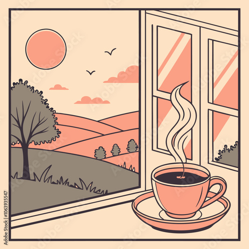 A cozy illustration of a cup of coffee with steam rising from it, placed by a window overlooking a picturesque countryside landscape.