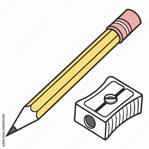 A simple illustration of a pencil and a pencil sharpener, perfect for use in educational materials, stationery designs, or any project that needs a touch of nostalgia.