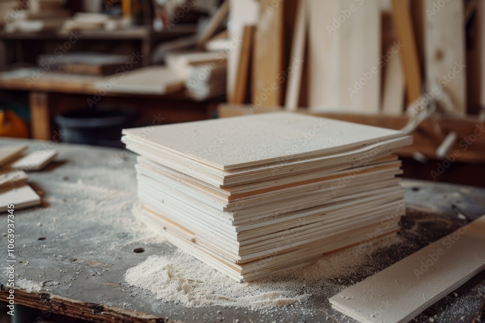 High angle shot of stack white plywood boards High angle shot of stack white plywood boards