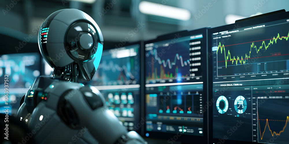 Robot Analyzing Financial Data on Monitors, Artificial Intelligence in Finance and Stock Trading Robot Analyzing Financial Data on Monitors, Artificial Intelligence in Finance and Stock Trading