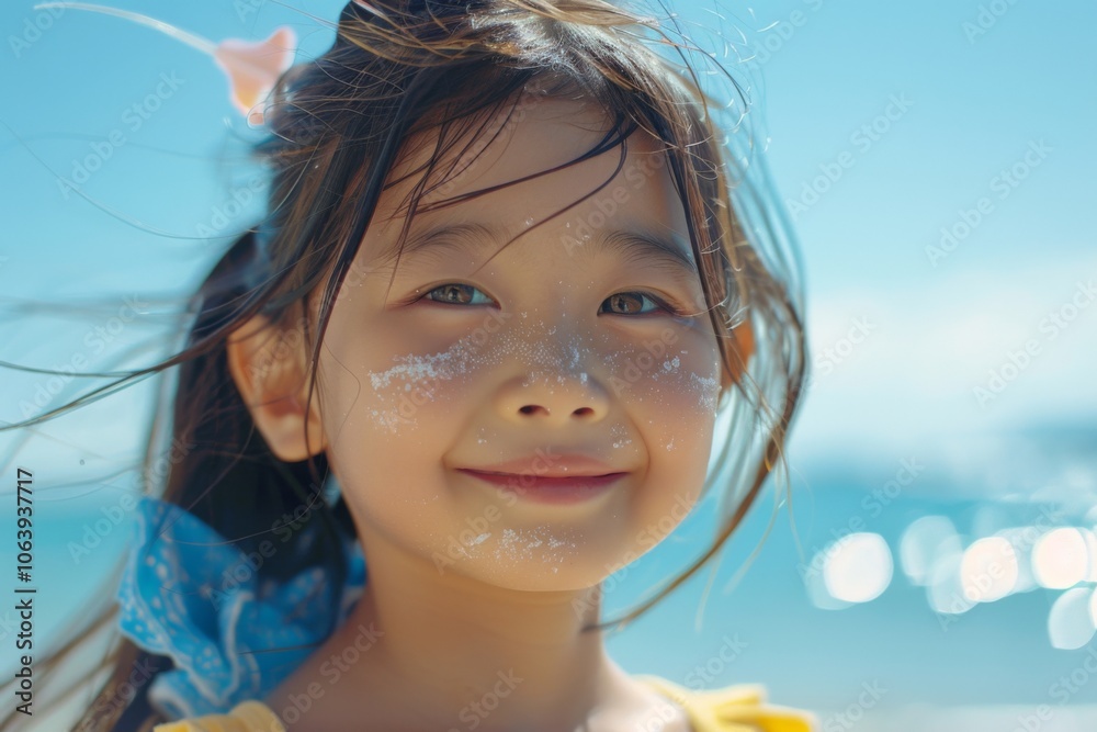 Portrait of a smiling little girl with sunscreen at the beach Portrait of a smiling little girl with sunscreen at the beach