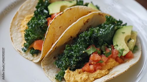 Vegetarian tacos filled with hummus, kale, and avocado.