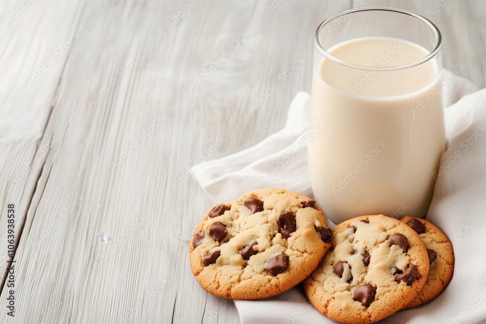Delicious cookies and a refreshing glass of soy milk on a rustic wooden table Delicious cookies and a refreshing glass of soy milk on a rustic wooden table