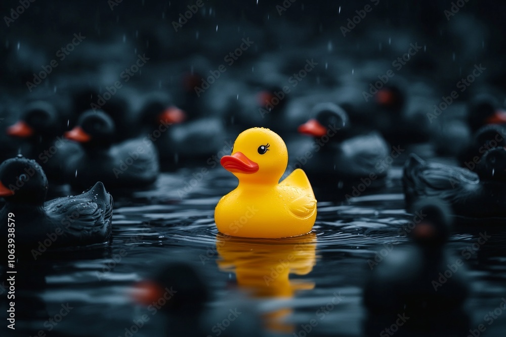 A bright yellow rubber duck stands out among a sea of black rubber ducks in a dark and abstract setting A bright yellow rubber duck stands out among a sea of black rubber ducks in a dark and abstract setting