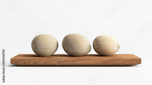 
A wooden board displaying ripe melons, both whole and cut into slices, set against a white background.