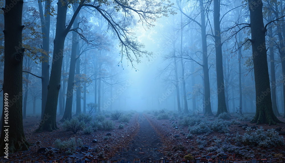 Naklejka premium Misty winter landscape with frosty grass and bare trees, creating a serene atmosphere