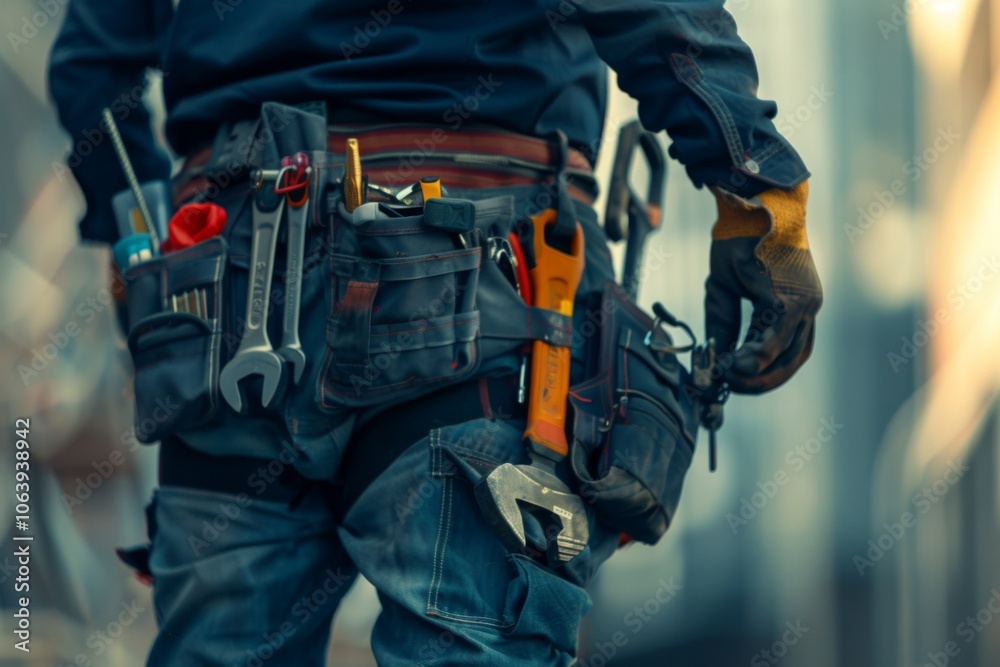 Close up of a maintenance worker with a bag and tool kit Close up of a maintenance worker with a bag and tool kit