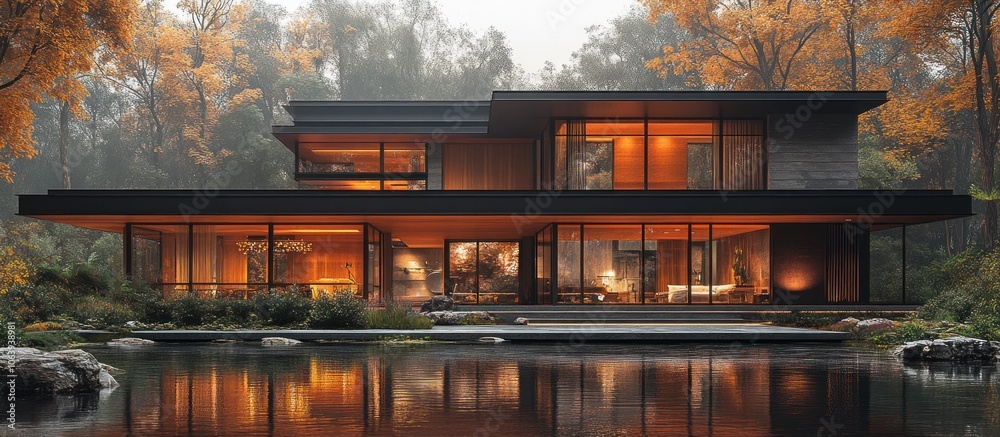 A modern house surrounded by nature, featuring large glass windows and warm lighting. A modern house surrounded by nature, featuring large glass windows and warm lighting.