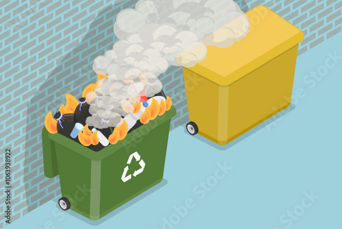 3D Isometric Flat Vector Illustration of Burning Garbage, Fire in a Trash Can