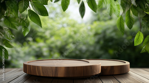 A 3D rendering of a wooden product display podium, set against a softly blurred background of natural leaves, creating a tranquil and earthy ambiance.