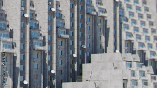 concrete apartment building, urban architecture, east-european, repetitive geometry, buildings move up and down in a seamless loop