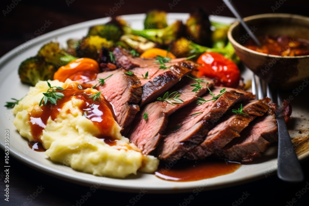 Close up of a sliced roast beef with vegetables on plate Close up of a sliced roast beef with vegetables on plate