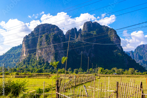 Mountain landscape with tropical jungle rocks in Vang Vieng Laos. photo