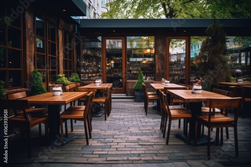 Exterior of a restaurant with wooden tables