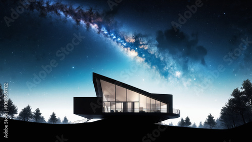 architecture Airbnb holiday concept of a modern futuristic house in the woods, swirling nebula leaves, negative space building architecture, minimalist composition, vastness of space, sense of wonder
