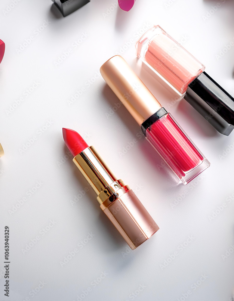 Obraz premium Creative concept photo of cosmetics swatches beauty products lipstick on white background