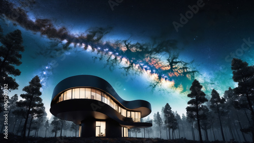architecture Airbnb holiday concept of a modern futuristic house in the woods, swirling nebula leaves, negative space building architecture, minimalist composition, vastness of space, sense of wonder