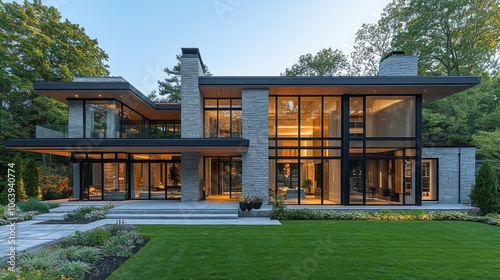 Modern architectural design featuring large glass windows and a landscaped yard.