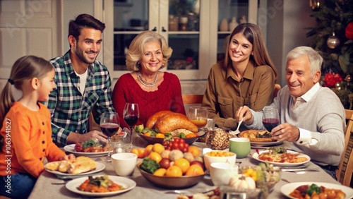 Thanksgiving Day Joyful holiday warm dinner turkey stuffing mashed potatoes laughter family time seasonal decor gratitude giving thanks cozy