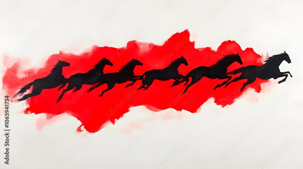 Dynamic Abstract Black Horses on Red Background Dynamic Abstract Black Horses on Red Background