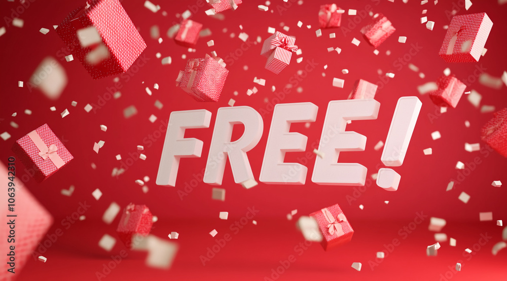 The word FREE is displayed in large white letters against a red background, with small red boxes and confetti falling around it The word FREE is displayed in large white letters against a red background, with small red boxes and confetti falling around it