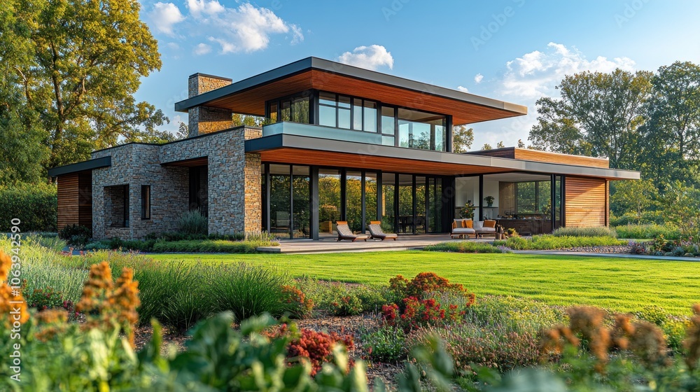 Modern house with large windows and landscaped garden in a serene environment. Modern house with large windows and landscaped garden in a serene environment.