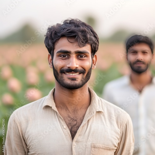 Wallpaper Mural A young Indian man with a beard smiles at the camera while standing in a field with another man in the background. Torontodigital.ca